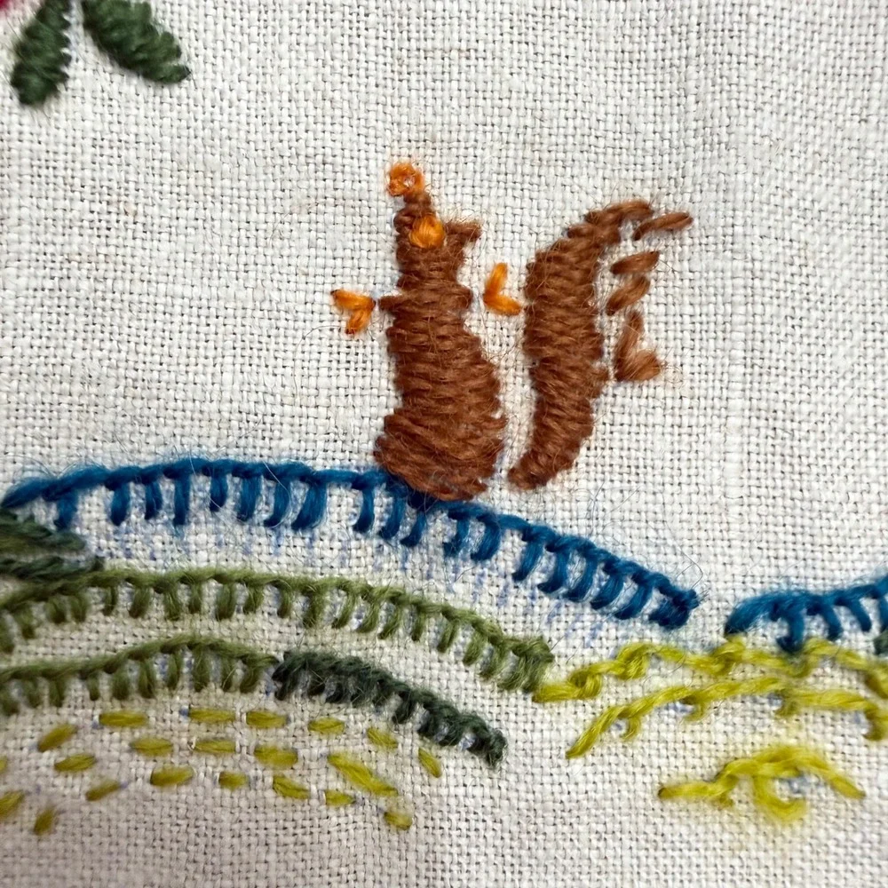 Vintage Hand Embroidered Linen Panel Squirrel Floral Crewel Folk Art 13x14